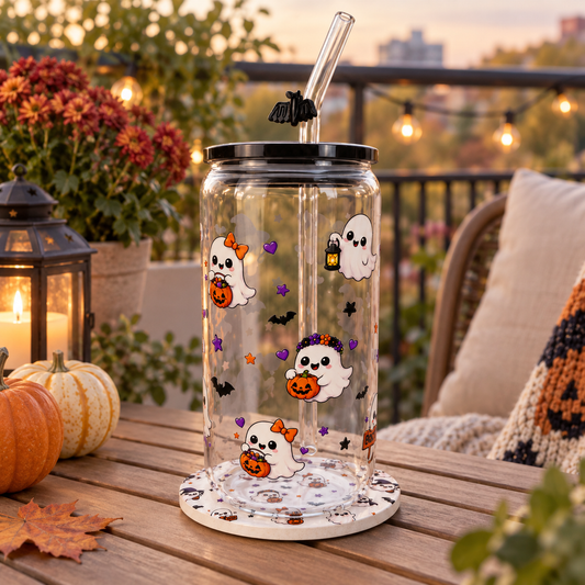Cute Halloween ghost glass tumbler with straw, lid and pumpkin design